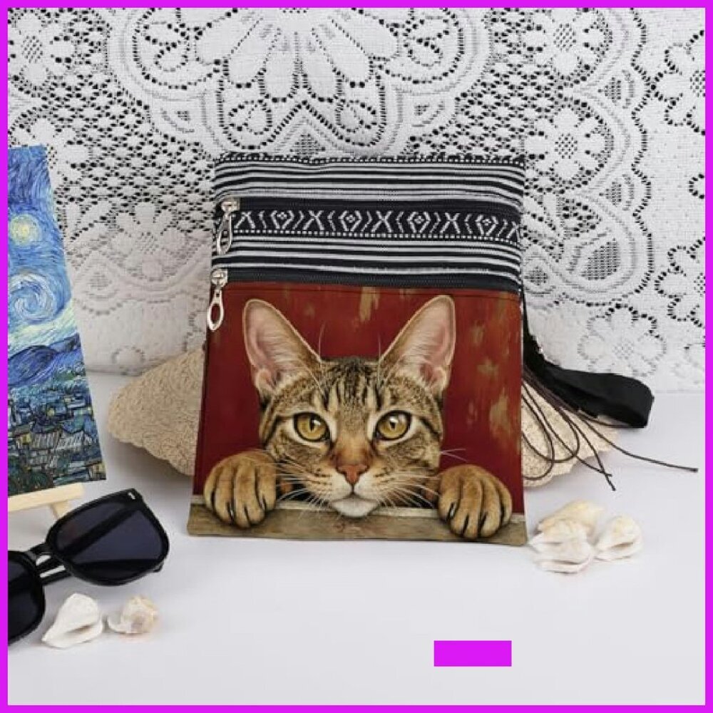 Adjustable Strap Crossbody Bag Minimal Chic Cat Print Dual Compartments - Picture 4 of 8